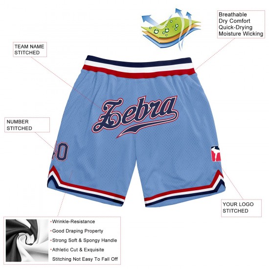 Custom Light Blue Navy-Red Authentic Throwback Basketball Shorts