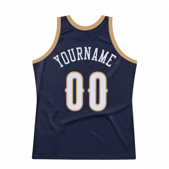 Custom Navy White-Old Gold Authentic Throwback Basketball Jersey