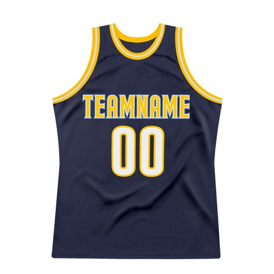 Custom Navy White-Gold Authentic Throwback Basketball Jersey