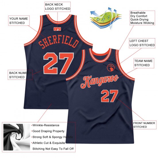 Custom Navy Orange-Silver Gray Authentic Throwback Basketball Jersey