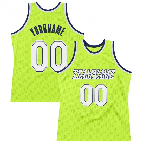 Custom Neon Green White-Navy Authentic Throwback Basketball Jersey