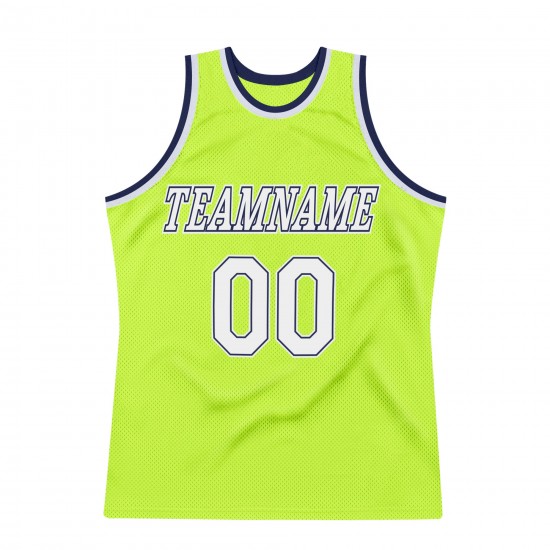 Custom Neon Green White-Navy Authentic Throwback Basketball Jersey