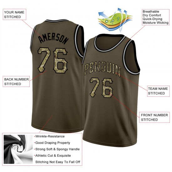 Custom Olive Camo-Black Round Neck Rib-Knit Salute To Service Basketball Jersey