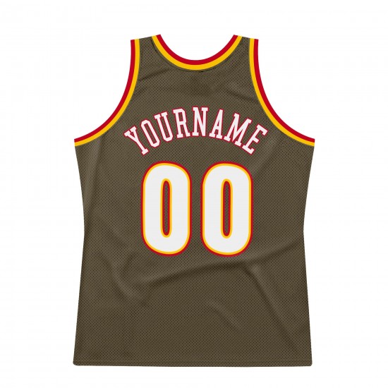 Custom Olive White-Red Authentic Throwback Basketball Jersey