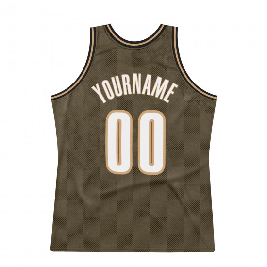 Custom Olive White-Old Gold Authentic Throwback Basketball Jersey