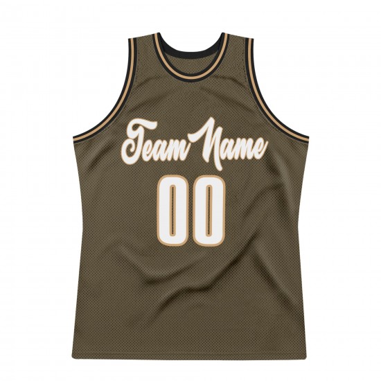 Custom Olive White-Old Gold Authentic Throwback Basketball Jersey