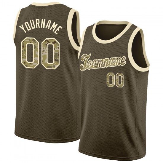 Custom Olive Camo-Cream Round Neck Rib-Knit Salute To Service Basketball Jersey