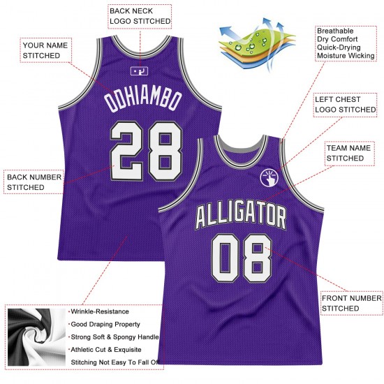 Custom Purple White-Silver Gray Authentic Throwback Basketball Jersey