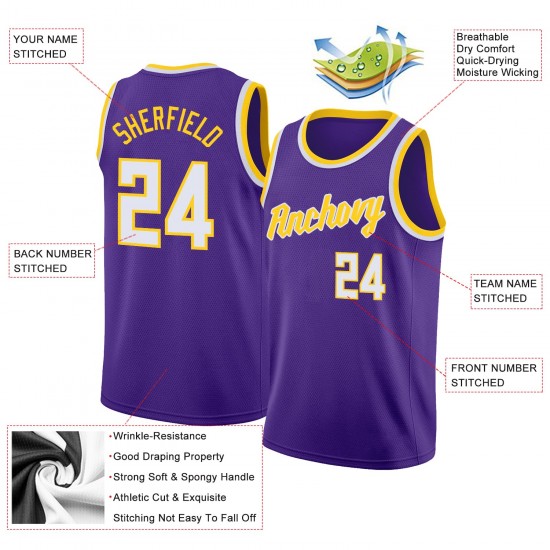 Custom Purple White-Gold Round Neck Rib-Knit Basketball Jersey