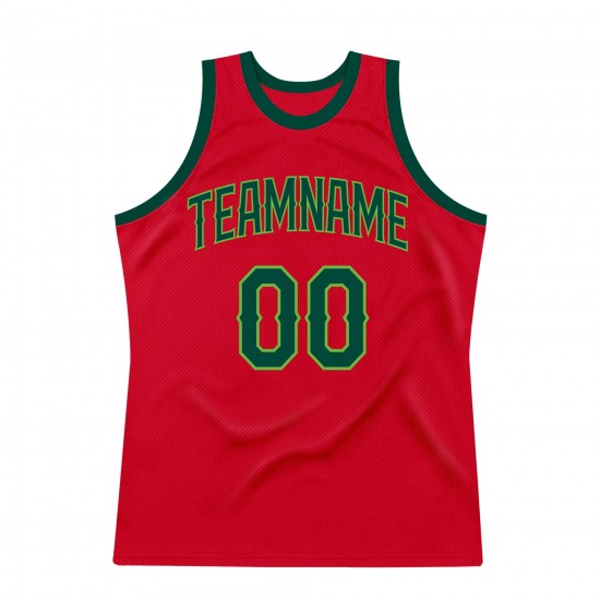 Custom Red Hunter Green-Neon Green Authentic Throwback Basketball Jersey