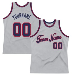 Custom Silver Gray Navy-Red Authentic Throwback Basketball Jersey