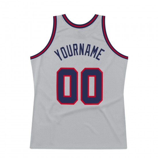 Custom Silver Gray Navy-Red Authentic Throwback Basketball Jersey