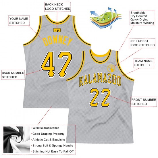 Custom Silver Gray Gold-Black Authentic Throwback Basketball Jersey