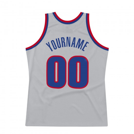 Custom Silver Gray Royal-Red Authentic Throwback Basketball Jersey