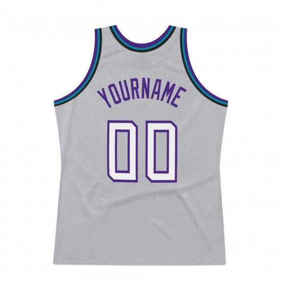 Custom Silver Gray White-Purple Authentic Throwback Basketball Jersey