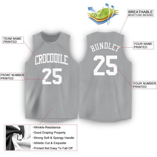 Custom Silver Gray White Round Neck Basketball Jersey