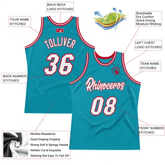 Custom Teal White-Red Authentic Throwback Basketball Jersey