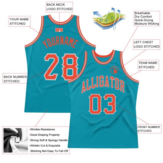 Custom Teal Orange-Silver Gray Authentic Throwback Basketball Jersey