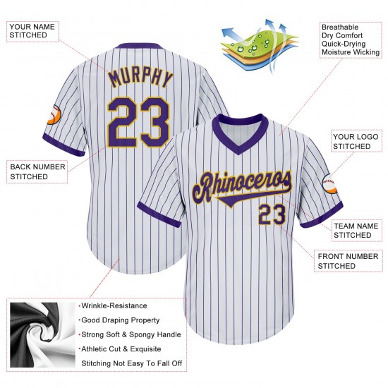 Custom White Purple Strip Purple-Gold Authentic Throwback Rib-Knit Baseball Jersey Shirt