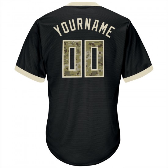 Custom Black Camo-Cream Authentic Throwback Rib-Knit Baseball Jersey Shirt