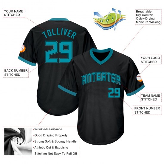 Custom Black Teal-Black Authentic Throwback Rib-Knit Baseball Jersey Shirt