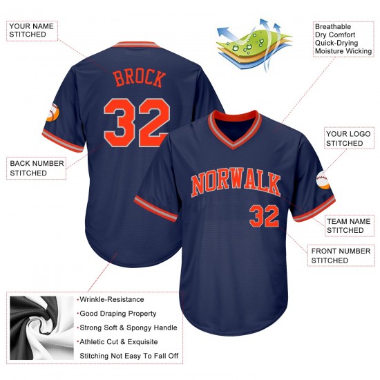 Custom Navy Orange-Gray Authentic Throwback Rib-Knit Baseball Jersey Shirt