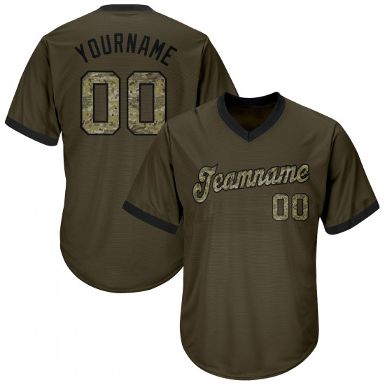 Custom Olive Camo-Black Authentic Salute To Service Throwback Rib-Knit Baseball Jersey Shirt