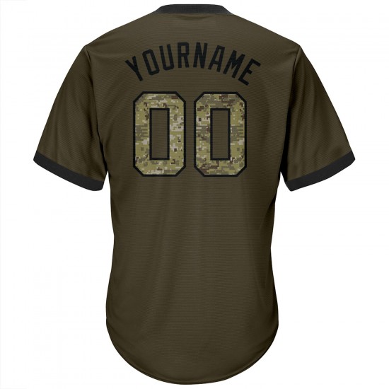 Custom Olive Camo-Black Authentic Salute To Service Throwback Rib-Knit Baseball Jersey Shirt