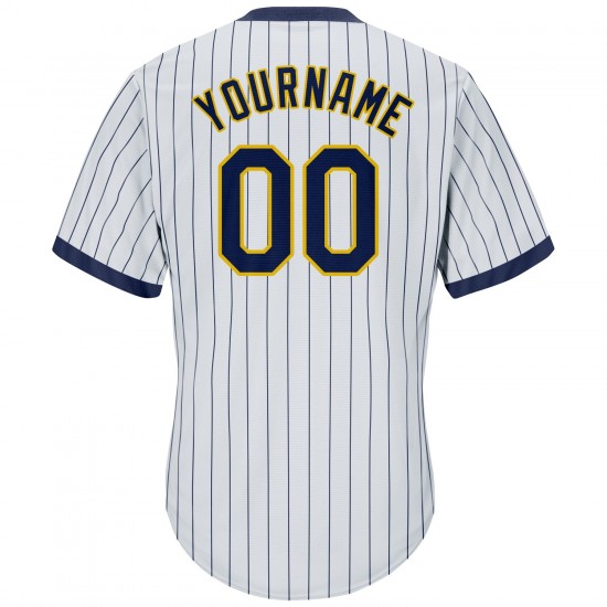 Custom White Navy Strip Navy-Gold Authentic Throwback Rib-Knit Baseball Jersey Shirt