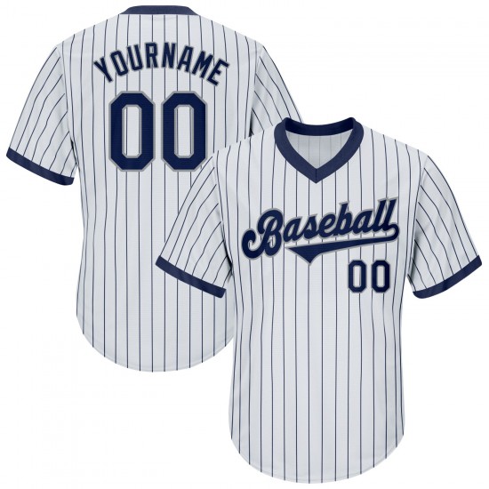 Custom White Navy Strip Navy-Gray Authentic Throwback Rib-Knit Baseball Jersey Shirt