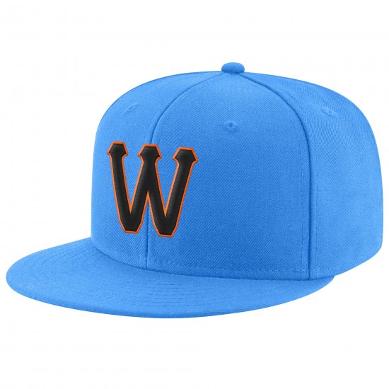 Custom Powder Blue Black-Orange Stitched Adjustable Snapback Hat