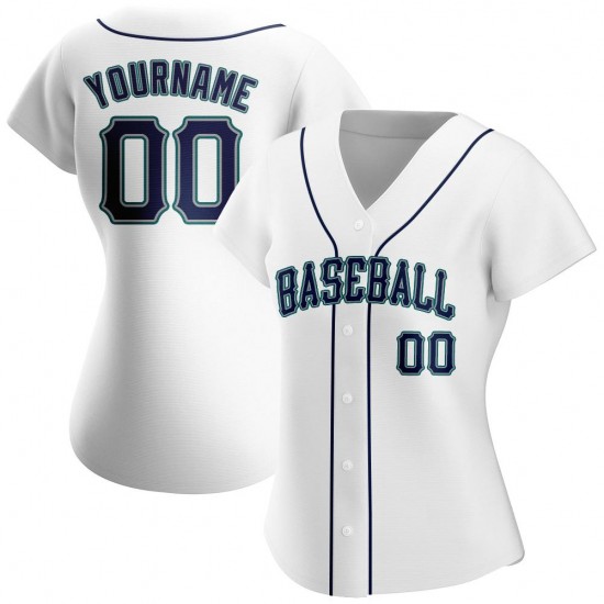 Custom White Navy-Aqua Authentic Baseball Jersey