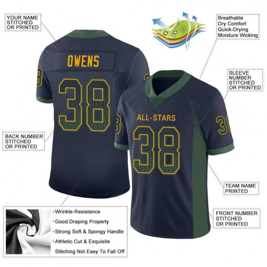 Custom Navy Green-Gold Mesh Drift Fashion Football Jersey