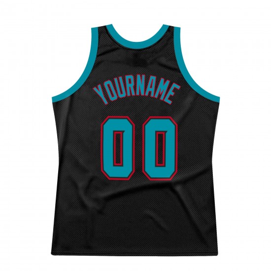 Custom Black Teal-Red Authentic Throwback Basketball Jersey