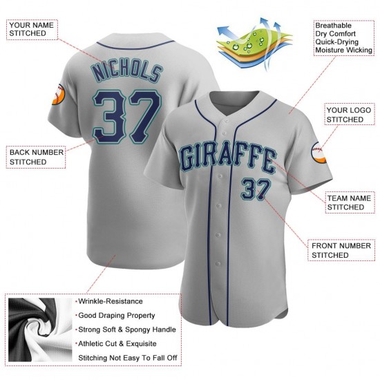 Custom Gray Navy-Aqua Authentic Baseball Jersey