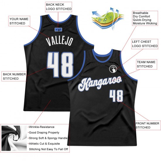 Custom Black White-Blue Authentic Throwback Basketball Jersey