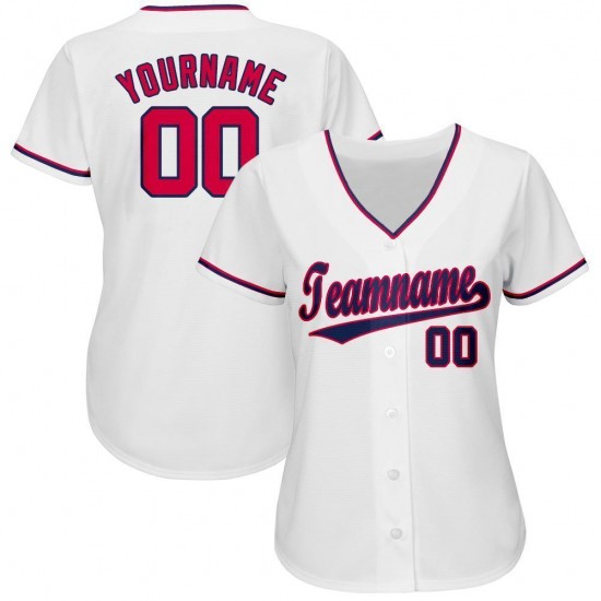 Custom White Red-Navy Baseball Jersey