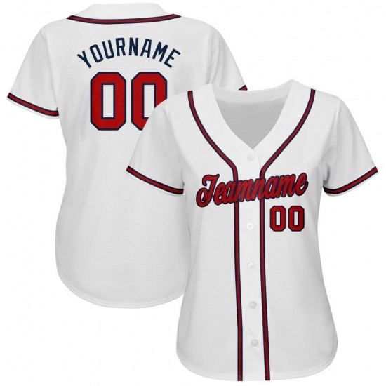 Custom White Red-Navy Baseball Jersey